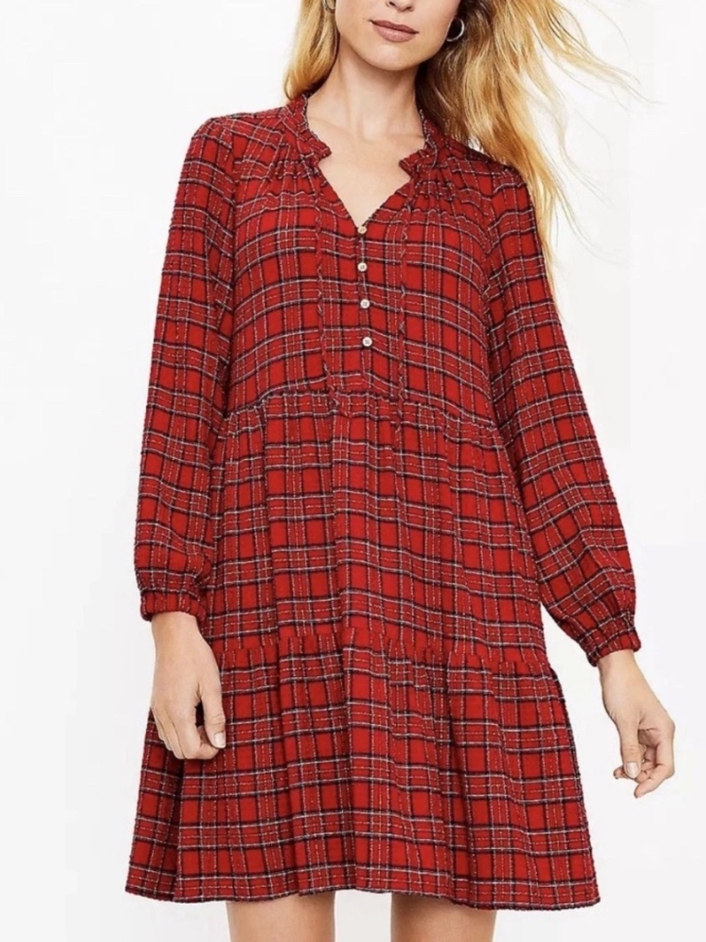 LOFT | Dress | Red Plaid Holiday Tiered | Size Medium